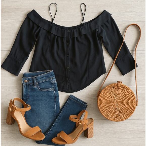 Free People Women’s Small Black Off Shoulder Strappy Blouse Top Boho - Picture 6 of 6